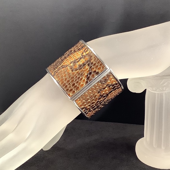 Brown Faux Reptile Silvertone Hinge Cuff Bracelet - Picture 12 of 14
